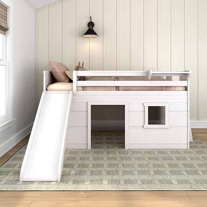 Max & Lily Loft Bed Twin Size, Solid Wood Low Loft Bed with Slide and Ladder, Modern Farmhouse Loft Bed for Kids, White Wash