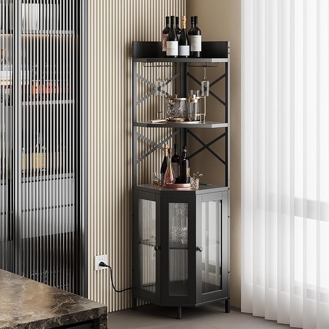 Corner Bar Cabinet with Power Outlet, 5-Tier Corner Wine Cabinet with Led Strip and Glass Holder, Industrial Tall Liquor Cabinet Bar Wine Rack for Home，Black
