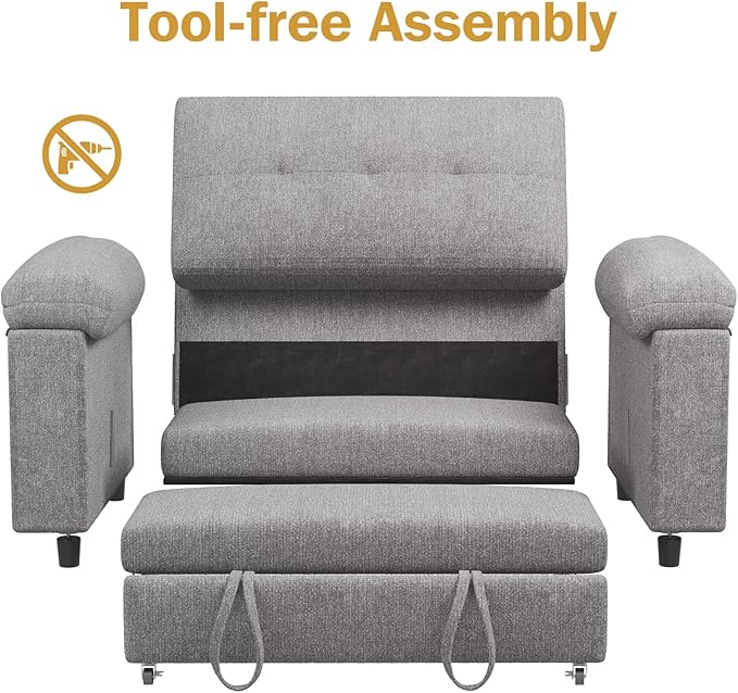Vipbear 58" Convertible Sofa Bed, 3-in-1 Pull Out Sleeper Sofa with USB Ports & Adjustable Backrest, Loveseat with Side Pocket for Living Room, Apartment, Tool-Free Assembly, Chenile Light Grey