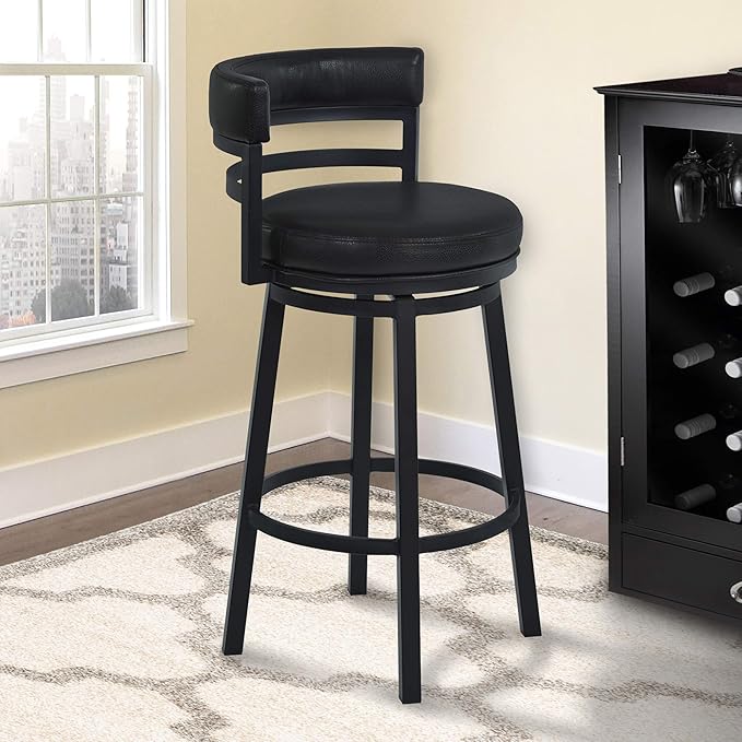 Armen Living Madrid 26" Seat Height Swivel Modern Ford Black Faux Leather and Black Finish Bar Stool for Kitchen Island Counter