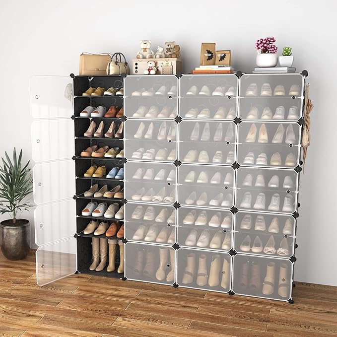 Portable Shoe Rack Organizer with Door, 80 Pairs Shoe Storage Cabinet Easy Assembly, Plastic Adjustable Shoe Storage Organizer Stackable Detachable Free Standing DIY Expandable 10 Tier Black
