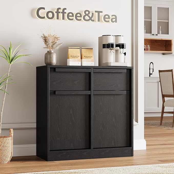 GarveeHome Sideboard Buffet Cabinet with 2 Drawers, 31.5" Large Coffee Cabinet with Storage, Modern Storage Buffet Table for Kitchen Dining Room, Living Room (Black, 2 Doors & 2 Drawers)