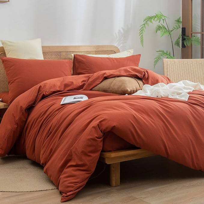 BESTOUCH Duvet Cover Set 100% Washed Cotton Linen Feel Super Soft Comfortable Chic Lightweight 2 PCs Home Bedding Set Solid Burnt Brick Red Twin/Twin XL