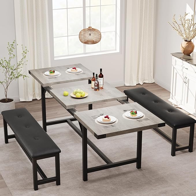 GarveeHome Dining Table Set for 4-6, 63" Extendable Wood Dining Room Table with Corner Protector & 2 Upholstered Benches, Kitchen Table Set for Apartment, Small Space, Easy Assembly,Retro Gray