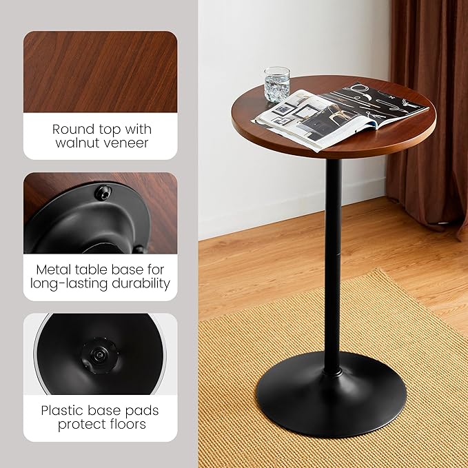 Glitzhome 39.5" H Round Pub Bistro Table, Round Bar Table Wood Top with Black Metal Leg and Base, Walnut Veneer Finish Cocktail Top Tall Table for Kitchen Island,Furniture (Walnut)