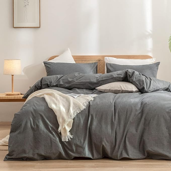BESTOUCH Duvet Cover Set 100% Washed Cotton Linen Feel Super Soft Comfortable Chic Lightweight 3 PCs Home Bedding Set Solid Dark Grey Oversized King
