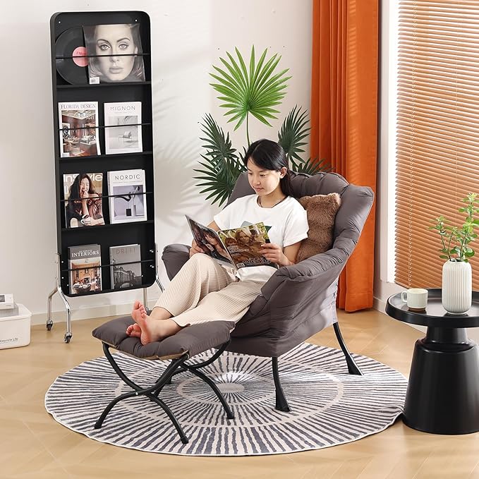 Large Lazy Chair with Ottoman, Accent Reading Chair with a Throw Pillow, Cozy Lounge Chair with Armrest, Leisure Sofa Chair for Living Room, Bedroom, Dorm, Shadow Grey