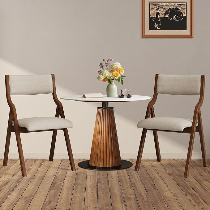 Folding Dining Chairs Set of 2, Upholstered Kitchen Chair with Padded Seat & Backrest, Modern Side-Chair with Wood Legs for Home Office Living Room,No Assembly Needed,Cream Taupe+ Walnut