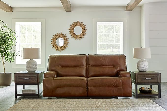 Signature Design by Ashley Francesca Modern Tufted Leather 2 Seat Power Reclining Sofa with Adjustable Headrest, Dark Brown