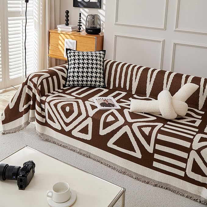 STACYPIK Reversible Boho Chocolate Sofa Cover Durable Couch Cover for 1 Cushion Couch Sofa Cover for Dogs Non Slip Jacquard Geometric Pet Armchair Cover with Tassels Sofa Protector Blanket-71X71IN