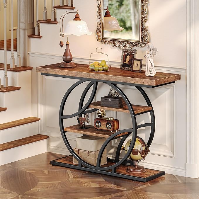 Huuger 41.3 Inch Entryway Table, Industrial Console Sofa Table with Storage, Accent Table with Shelves, for Entry, Hallway, Entrance, Foyer, O-Shaped Metal Frame, Rusitc Brown