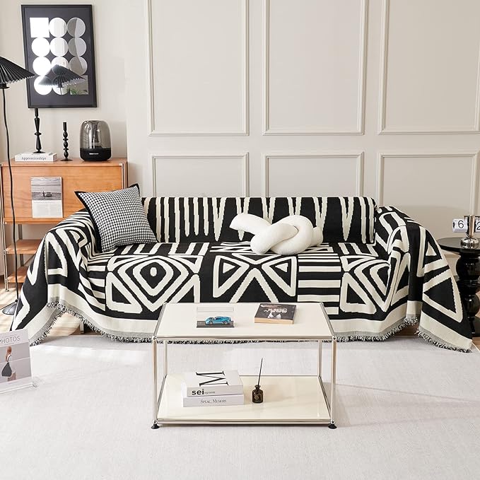 STACYPIK Boho Black Beige Couch Cover Wrinkle Resistant Sofa Cover for Cat Dog Geometric L Shaped Slipcover for Sectional Multi-Use Pet Protector for 2 Cushion Couch Tassels Recliner Cover-71x118IN