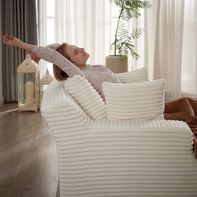 Oversized Chaise Daybed Lounge Sleeper Chair Sofa Bed Indoor, Fluffy Corduroy Upholstered Sleeper Recliner Sofabed Extra Wide Full Foam Cloud Sofabed W/3 Pillows for Home/Apartment Living Room Bedroom