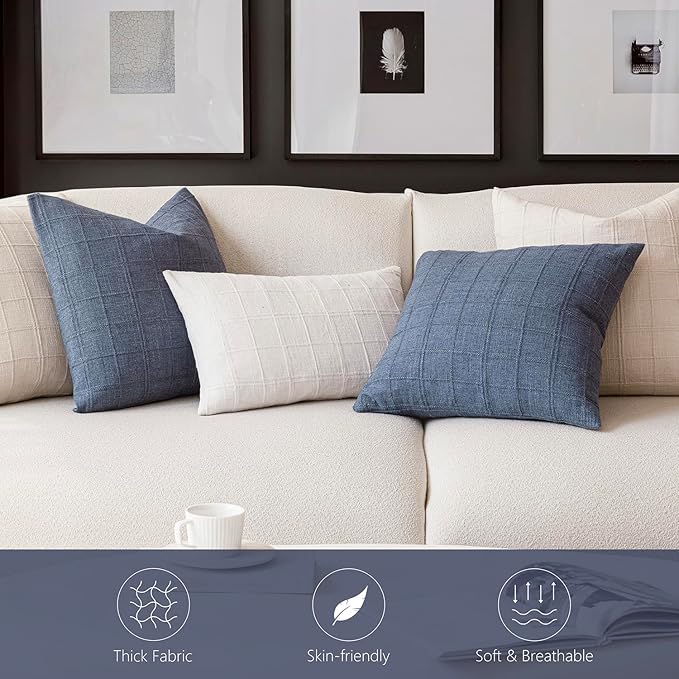 Foindtower Set of 2 Decorative Linen Check Throw Pillow Covers Neutral Farmhouse Vintage Cushion Covers Modern Coastal Boho Home Decor for Sofa Chair Couch Bedroom Living Room Outdoor,20×20 Inch,Blue
