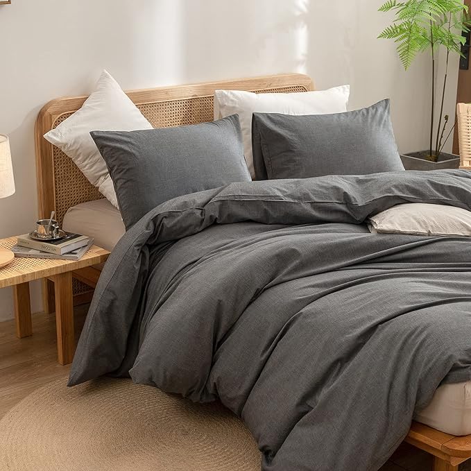 BESTOUCH Duvet Cover Set 100% Washed Cotton Linen Feel Super Soft Comfortable Chic Lightweight 2 PCs Home Bedding Set Solid Dark Grey Twin/Twin XL
