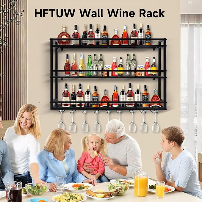 Metal Wine Rack Wall Mounted, Bar Shelves for Liquor Bottles with LED Light, 3 Tier Large Capacity Liquor Rack Wall Mounted with Glass Holder for Home Bar & Dining Room （Gold, 71in/180cm）