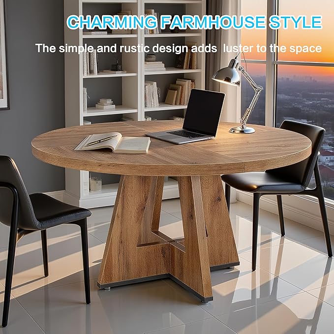 47" Round Dining Table for 4-6, Modern Dinner Table Farmhouse Round Small Kitchen Tables with Wooden Cross Base for Dining Room, Kitchen, Living Room, Retro Brown