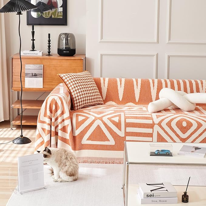HANDONTIME Orange Sofa Covers for Couch Loveseat Covers Soft Chenille Couch Cover for Dogs Sofa Covers for 3 Cushion Couch Boho Sofa Throw Cover Pet Couch Furniture Protector Thick Washable 71" X134"