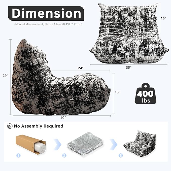Bean Bag Chairs for Adults, BeanBag Reading Chair Memory Foam Couch, Floor Chair Soft Teddy Material, Comfy Reading Nook Chairs for Bedroom Living Room Office (Ink Painting)