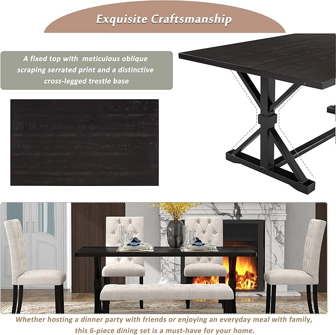 Ball & Cast 6 Piece Dining Table Set with 4 Upholstered Chairs and 1 Bench,Wooden Living Room Furniture for 6 W/ 72" Rectangle Desk,for Small Space,Apartment,Dining Room,Espresso