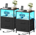 Nightstands Set of 2, Night Stand with Charging Station and Led Lights, Bedside Table with 2 Fabric Drawers for Bedroom, Small Side End Table with Open Shelf, Black