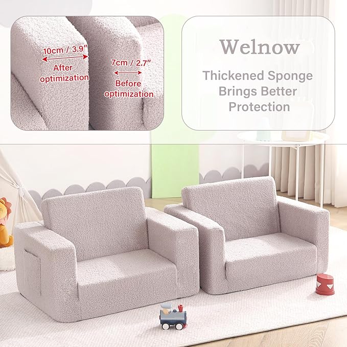 Welnow Toddler Chair, 2-in-1 Soft Sherpa Kids Sofa, Convertible Toddler Couch Lounger, Flip Out Kids Couch Chair with Side Pockets & Removable Cover for Girls and Boys, Beige