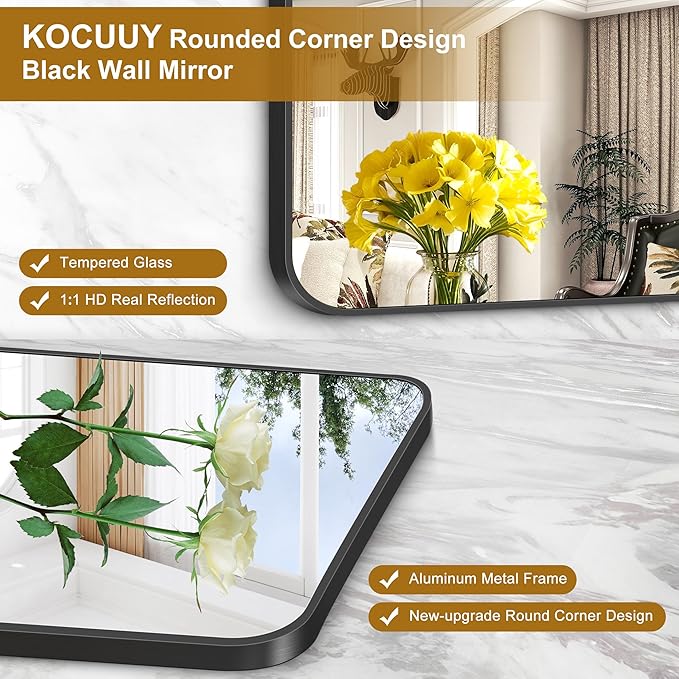 KOCUUY Black Bathroom Mirror 60"x24", Large Vanity Mirror with Rounded Corner, Metal Black Frame with Mordern Design for Bathroom, Living Room, Entryway, Hang Horizontal/Vertical
