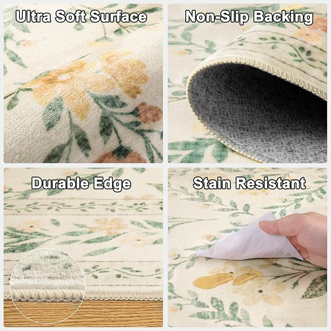 10x14 Area Rugs for Living Room: Floral Washable Rug Vintage Large Soft Boho Non-Slip Carpet Stain Resistant Low Pile Carpets for Bedroom Dining Room Farmhouse Nursery Hallway Home Office Beige/Multi
