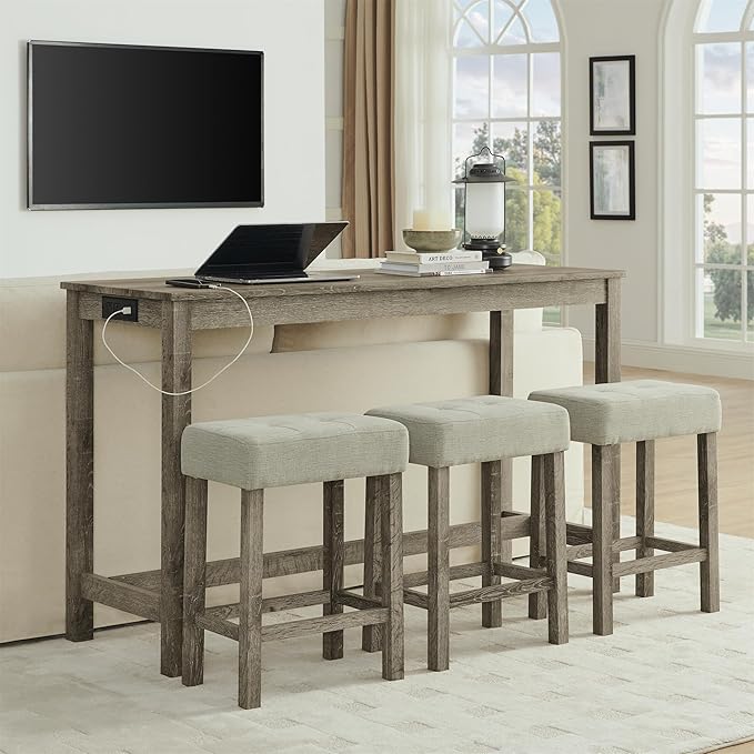 Ball & Cast 4 Piece Kitchen Dining Room Table and Chairs Set, Farmhouse Wooden Counter Height Bar-Sets w/USB Ports & Power Outlet & 3pcs Stools, 59" Sofa-Table Barstool w/Charging Station, Brown