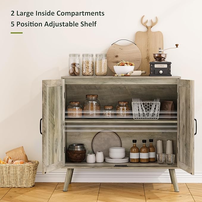 Farmhouse Sideboard Cabinet, Buffet Storage Cabinet with Handmade PVC Rattan Decor Doors & Adjustable Shelf, Wood Accent Table Coffee Station for Kitchen, Living Room, Entryway, Grey Oak