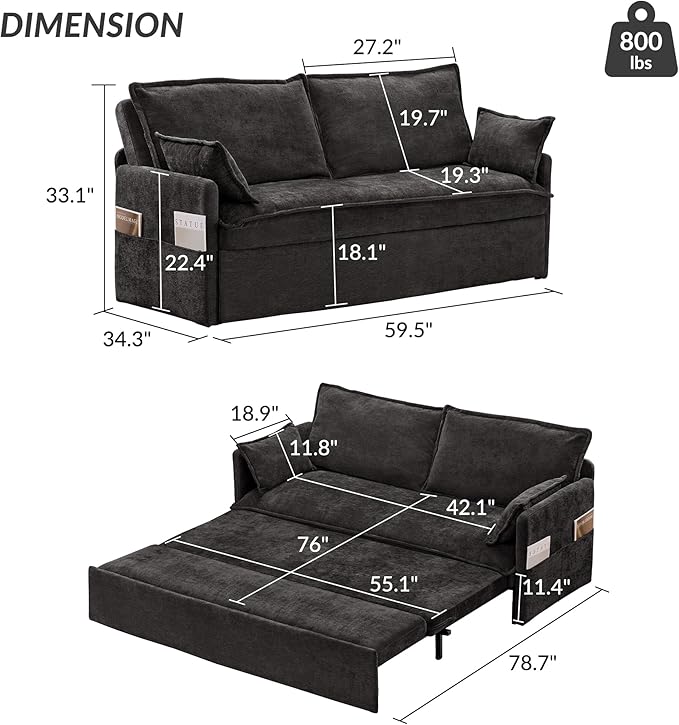 Furnimart 59.5" Queen Size Pull Out Sofa Bed, 3 in 1 Convertible Sleeper Bed with USB/C-Type Charging Ports & Side Pockets, Modern Futon Couch for Living Room, Apartment, RV, Chenille Black