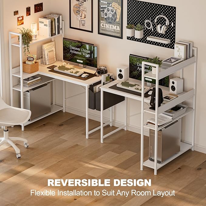 40 Inch L Shaped Computer Desk with Reversible Storage Shelves, Home Office Corner Desk Study Writing Table with Hutch, Study, White