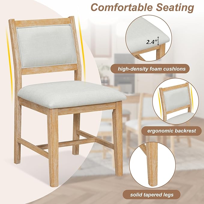 Merax 7 Pieces Retro Dining Set for 6, Rectangular Wood Dining Table with 6 Upholstered Chairs for Kitchen, Living Room, Natural