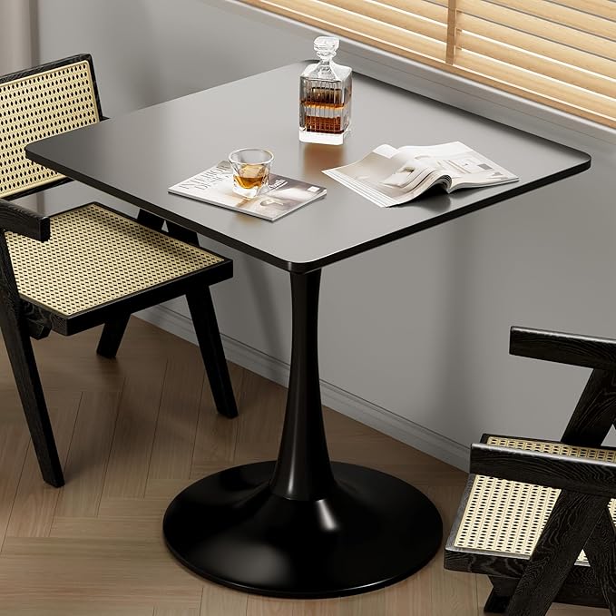 24" Black Small Dining Table for 2 or 4, Small Square Tulip Table for Kitchen, Round Corner Wood Bistro Table, Mid Century Modern Tables with Sturdy Pedestal for Living Room, Cafe, Office, Pub, Bar