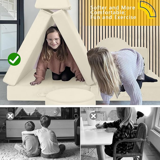 MeMoreCool Modular Kids Play Couch, Beige Foam Sofa and Fort Explorer Building Set for Toddlers and Playroom