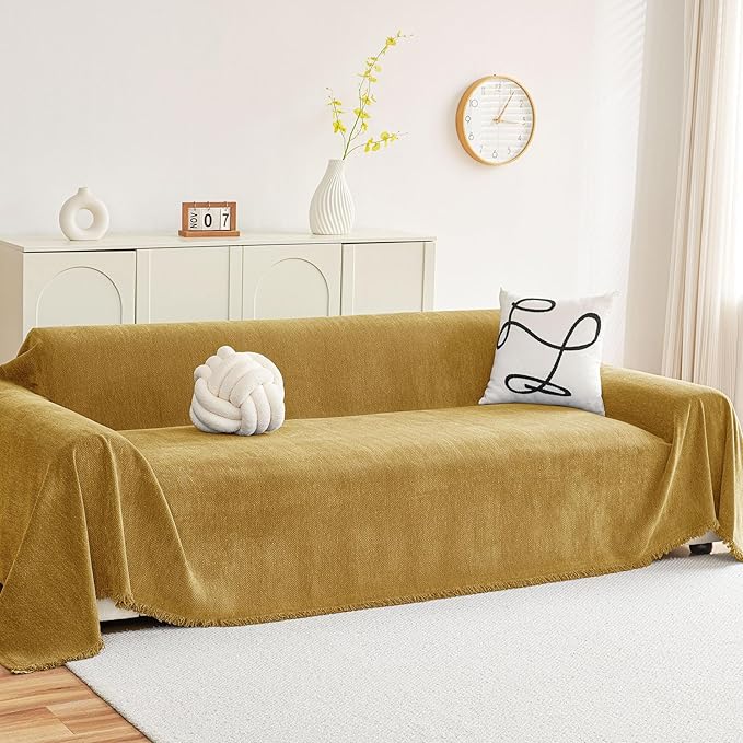 hyha Couch Cover for Dogs, Boho Sofa Covers for 3 Cushion Couch Washable, Chenille Sofa Slipcover for Pets, Soft Loveseat Sectional Couch Throw Blankets with Tassels (Yellow, 88.5x134 Inch)