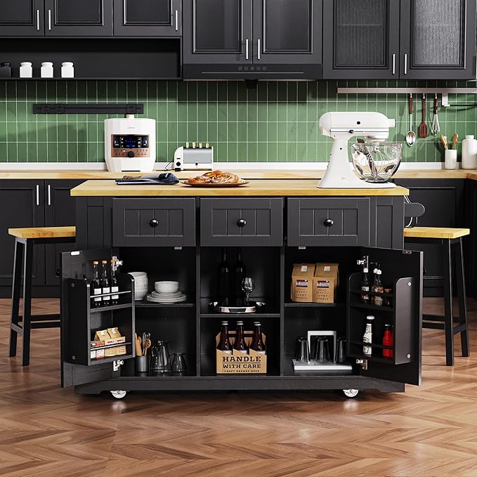 53" Large Kitchen Island with Drop Leaf,Power Outlet & Door Internal Storage Rack,Rolling Kitchen Cart on 5 Wheels W/ 5 Open Side Racks for Kitchen,Dining Room,Black(Not Include bar stools)