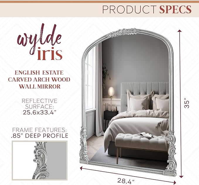 English Estate Carved Arch Wood Wall Mirror, Mirror for Entryway, Living Room, Bathroom, Antique Silver, 25.6x33.4