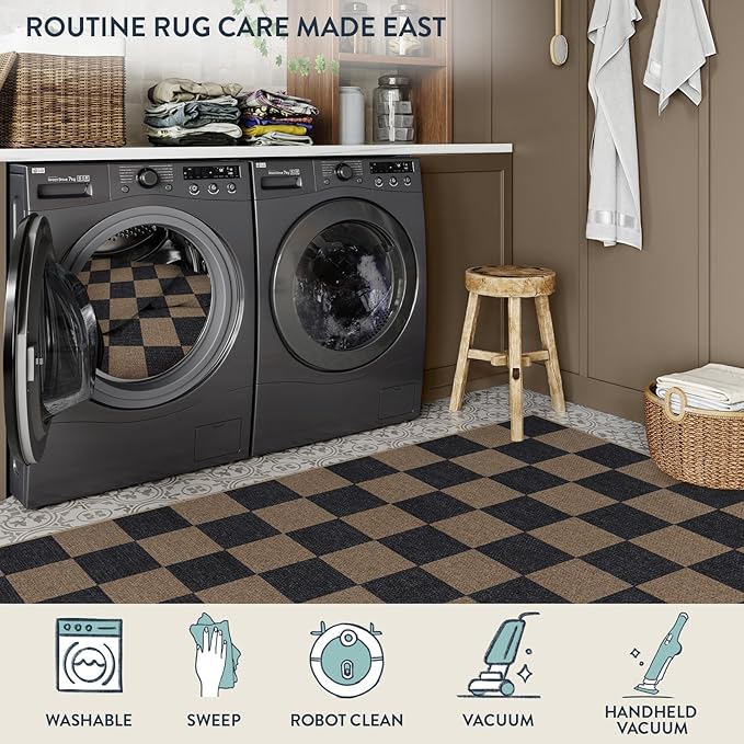 Lahome Checkered Easy Jute 3x5 Rug, Washable Rugs for Living Room Entryway Farmhouse Non Slip Black Outdoor Carpet, Checkerboard Indoor Door Mat for Entry Patio Deck