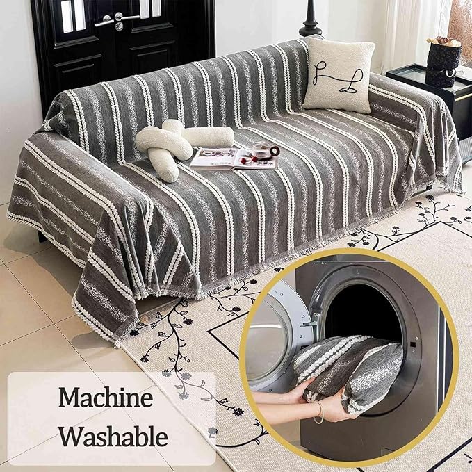 Couch Cover for Dogs Washable Sofa Cover, Sectional Couch Covers, Sofa Covers for 2 Cushion Couch, Non Slip Stripe Sofa Slipcovers Furniture Protector, Couch Protector from Cat Claws, Grey,75''x118''