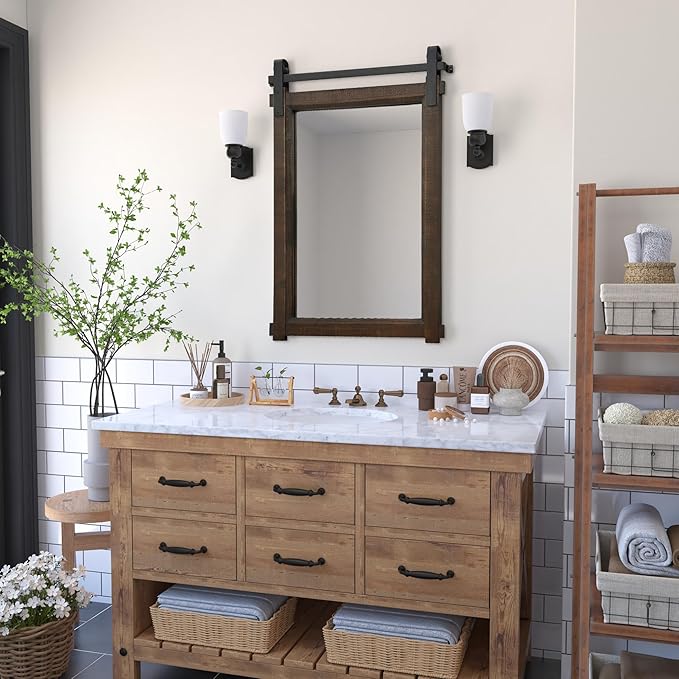 Rustic Barn Door Mirror: 24"x36" Brown Farmhouse Wood Frame - Wall Mirror for Entryway/Bathroom/Living Room Wall Decor