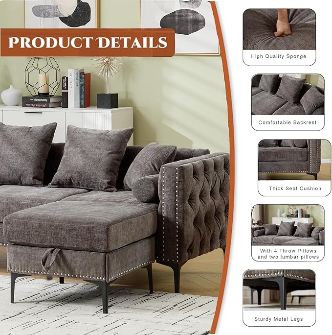 Ball & Cast 85" L Shaped Sectional Sofa with Storage Ottoman, Morden 3 Seater Tufted Couch with Nailhead Trim and Metal Legs for Living Room, Apartment, Office, Dark Gray