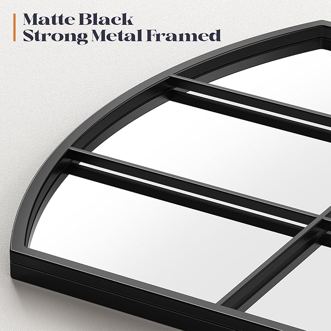 Arched Window Mirror, 24" x 48" Black Window Mirrors for Wall, Tall Farmhouse Grid Mirror for Living Room Bedroom Dining Room Fireplace Hallway Mantle Entryway