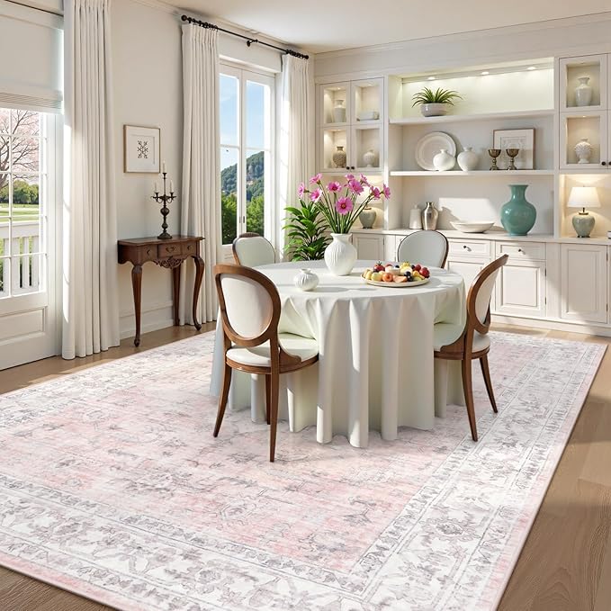 LIVEBOX Pink 10x14 Area Rug for Bedroom Girls, Boho Washable Rugs for Living Room Nursery, Non-Slip Indoor Soft Carpet Low-Pile Farmhouse Carpets for Dining Room Kids Playroom, Pink