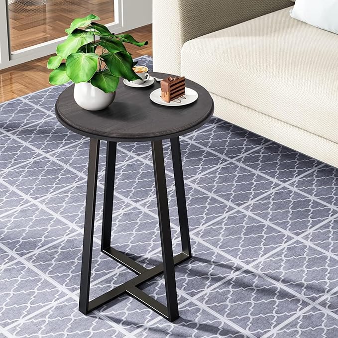 Round End Table, Small Side Table Grey Color MDF Top, Metal Frame Black, Tall End Side Table for Bed Room, Coffee Tea End Table for Living Room(Round Grey)
