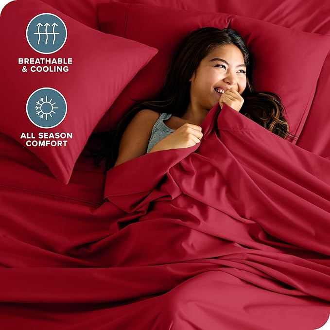 Bare Home Split King Sheet Set - 1800 Ultra-Soft Microfiber Bed Sheets - Double Brushed - Deep Pockets - Easy Fit - 5 Piece Set - Bed Sheets & Pillowcases (Split King, Red)