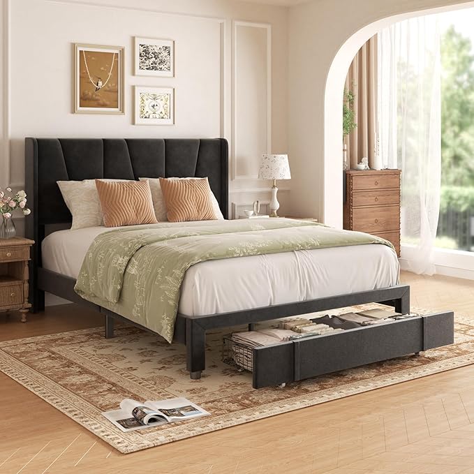 Queen Bed Frame with Storage Drawers, Upholstered Platform Bed with Headboard and Wingboard, No Box Spring Needed, Noise Free, Easy Assembly, Wooden Support Slats, Black