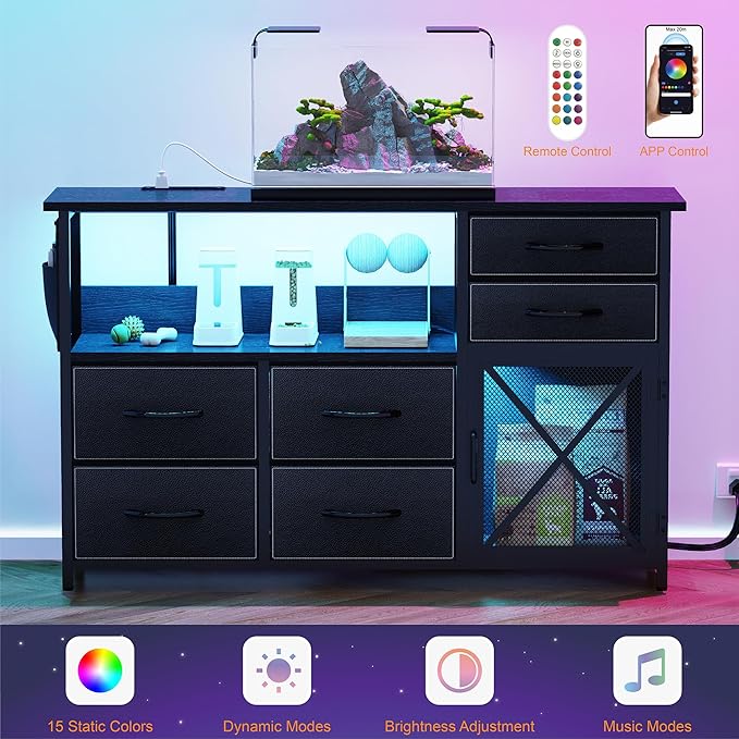 Dresser for Bedroom with LED Lights, TV Stand with Charging Station for 50 inch TV, 6 Drawers Chest with Door and Side Storage, Long Metal Dresser Table for Living Room, Black