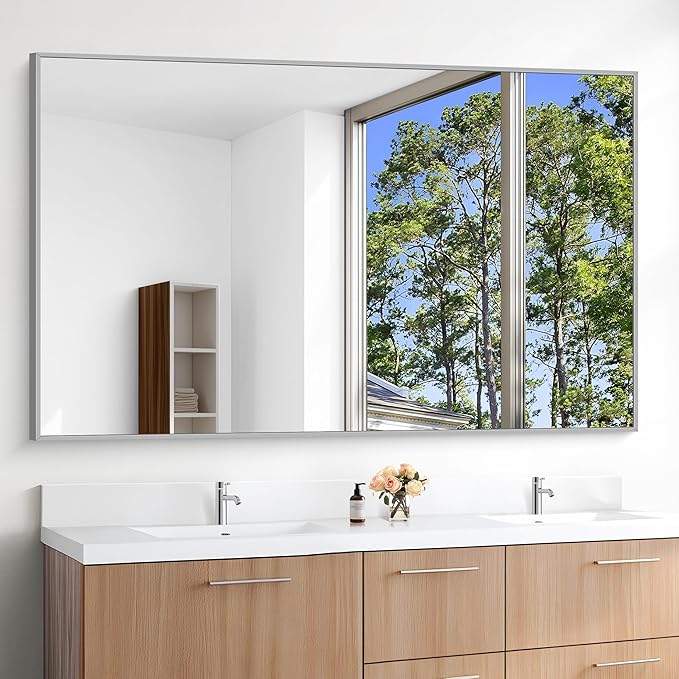 KOCUUY Large Silver Bathroom Mirror, 60x36 inch Rectangular Mirror for Bathroom Sink, Oversized Mirror with Metal Brushed Nickel Frame for Living Room, Farmhouse, Entryway, Hang Horizontal/Vertical