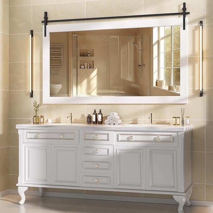 Hasipu Farmhouse Bathroom Mirror, 60"x30" Rustic Wood Framed Wall Mounted Mirror, White Vintage Vanity Mirror Barn Door Style Decrative Mirrors